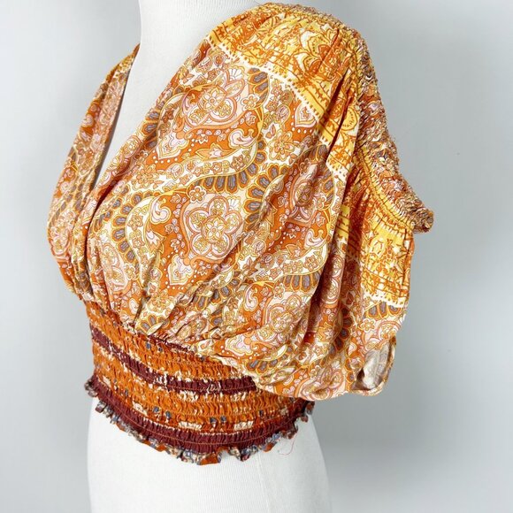 Rachel Zoe Orange Floral Cropped Top Smocked Waist Milkmaid Size Medium Women's - Picture 2 of 4